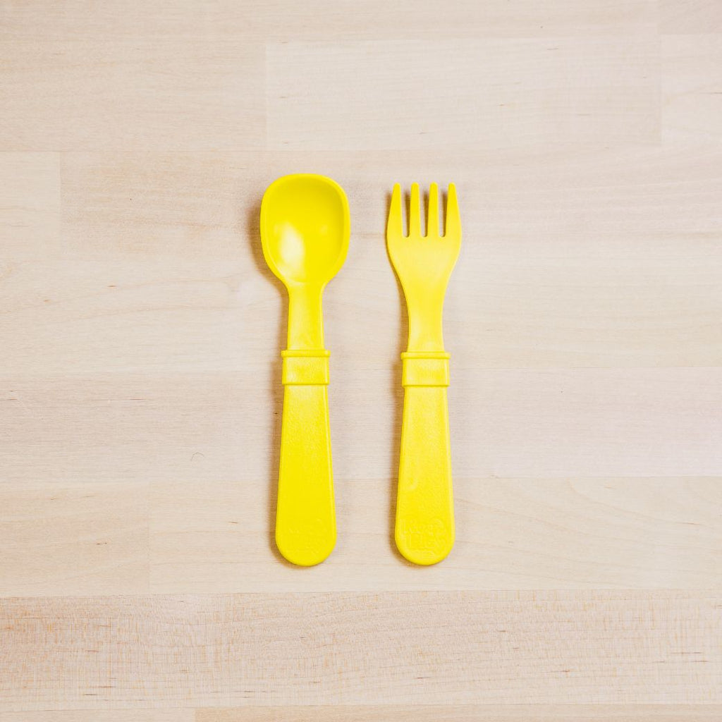 yellow Replay spoon and fork set made out of recycled plastic   Mikki and Me Kids