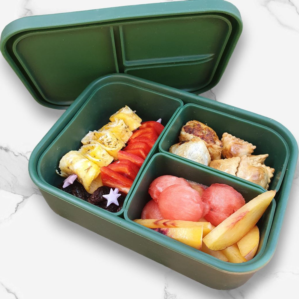 dark green siliocne bento lunchbox with removeable inserts | Mikki and Me