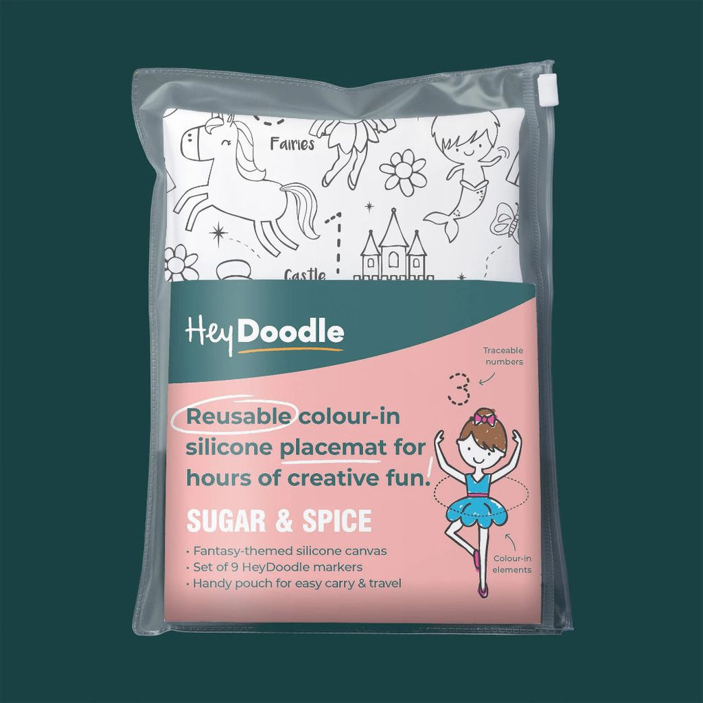 sugar and spice hey doodle reusable silicone drawing mat for kids, keep kids entertained while at restaurants, cafes and travelling - Mikki and Me Kids