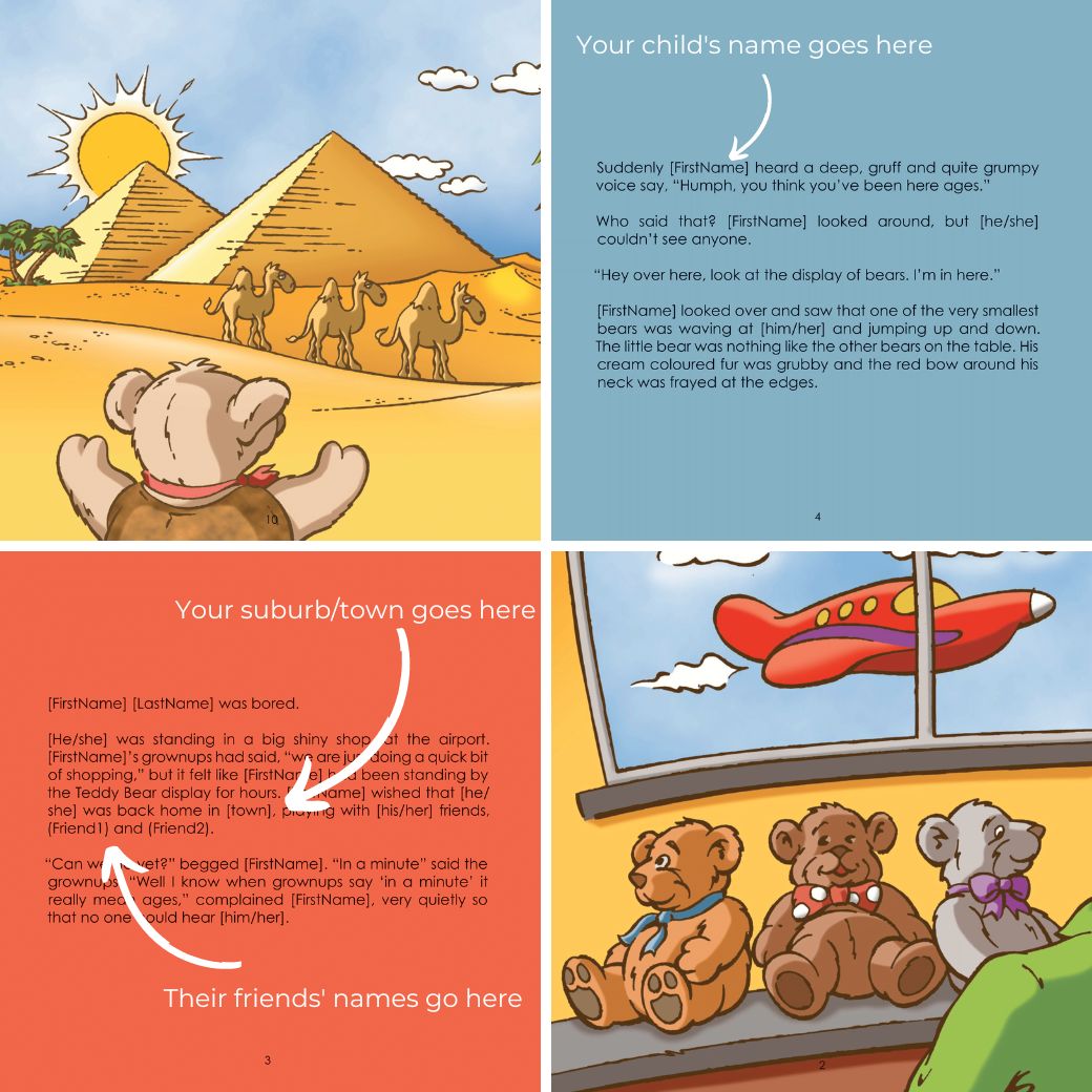 personalsied story book for children featuring their friends names. A story about an adventure to solve an Egyptian puxzze