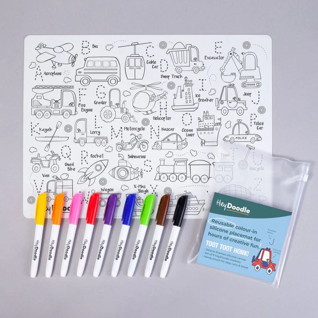 toot toot honk honk hey doodle reusable silicone drawing mat for kids, keep kids entertained while at restaurants, cafes and travelling - Mikki and Me Kids